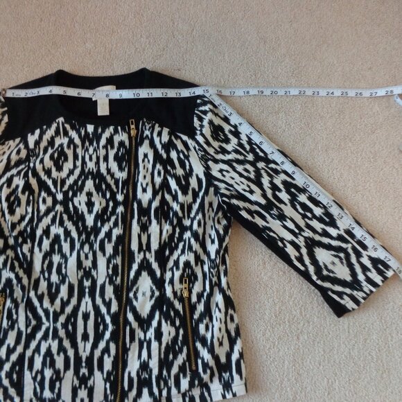 Chicos Womens Ikat Moto Jacket Zip Up Long Sleeve Pockets Black White Size 1 EUC - Picture 8 of 10